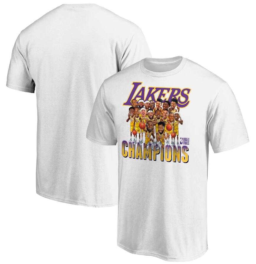 Men's Los Angeles Lakers White 2020 NBA Finals Champions Team Caricature T-Shirt,We sell and wholesale Men's Los Angeles Lakers White 2020 NBA Finals Champions Team Caricature T-Shirt on line form chian!